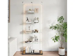 Vitrina de cristal de 5 estantes con iluminación LED personalizable – Base negra