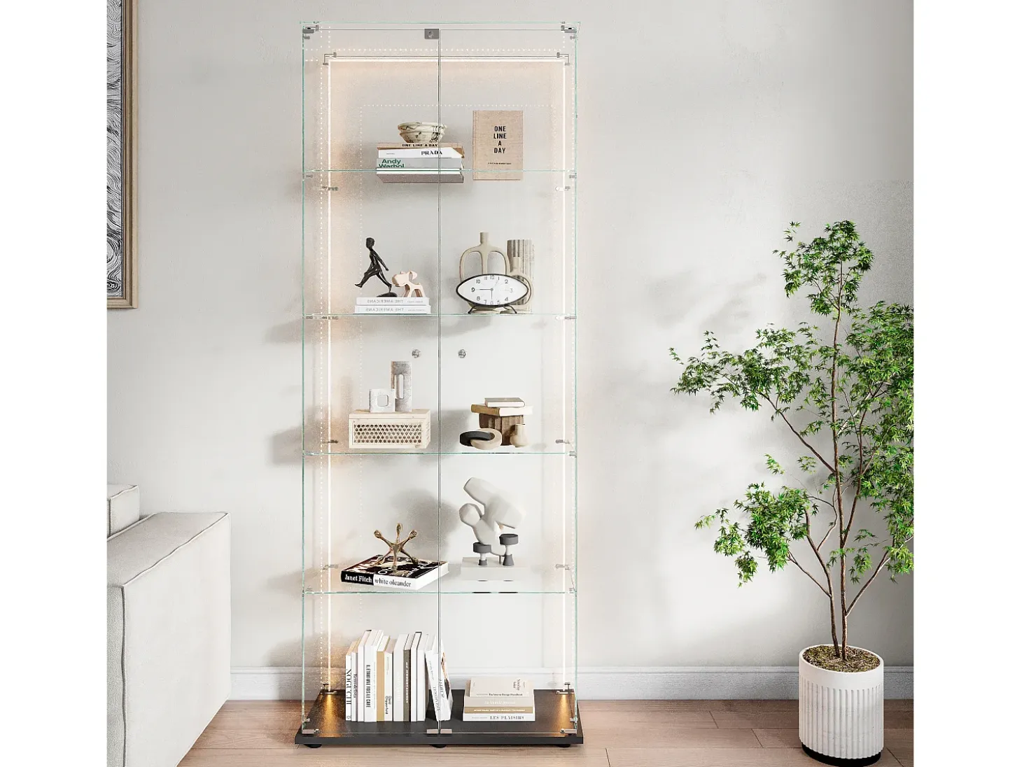 Vitrina de cristal de 5 estantes con iluminación LED personalizable – Base negra