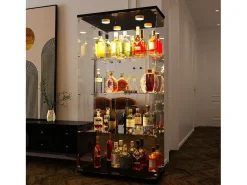 Vitrina de cristal de 163,9 x 36,49 x 80,49 cm, con estantes e iluminación LED, armario de curiosidades de doble puerta.