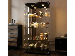 Vitrina de cristal de 163,9 x 36,49 x 80,49 cm, con estantes e iluminación LED, armario de curiosidades de doble puerta.