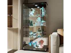 Vitrina de cristal de 163,9 x 36,49 x 80,49 cm, con estantes e iluminación LED, armario de curiosidades de doble puerta.