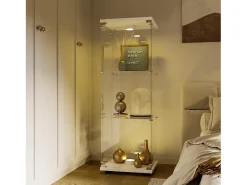 Vitrina de cristal de pie, 125 cm, con iluminación LED, cerradura, 1 puerta, 3 estantes, transparente, blanco