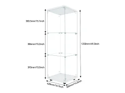 Vitrina de cristal de pie, 125 cm, con iluminación LED, cerradura, 1 puerta, 3 estantes, transparente, blanco