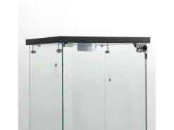 Vitrina de cristal de pie, 125 cm, con iluminación LED, cerradura, 1 puerta, 3 estantes, transparente, color negro