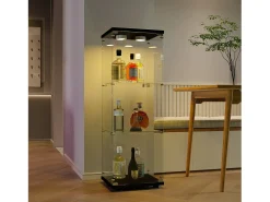 Vitrina de cristal de pie, 125 cm, con iluminación LED, cerradura, 1 puerta, 3 estantes, transparente, color negro