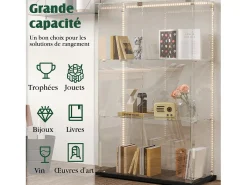 Vitrina de cristal independiente - Vitrina independiente con iluminación LED - 3 estantes - 2 puertas y cerradura - Negra