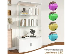 Vitrina de cristal, Vitrina de varios niveles, Vitrina de cristal con cerradura, Vitrina con iluminación LED, 78,51×35×164 cm, Blanco