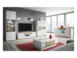 Vitrina de diseño colección OHIO modelo alto + LED. Color blanco y acabado efecto roble.