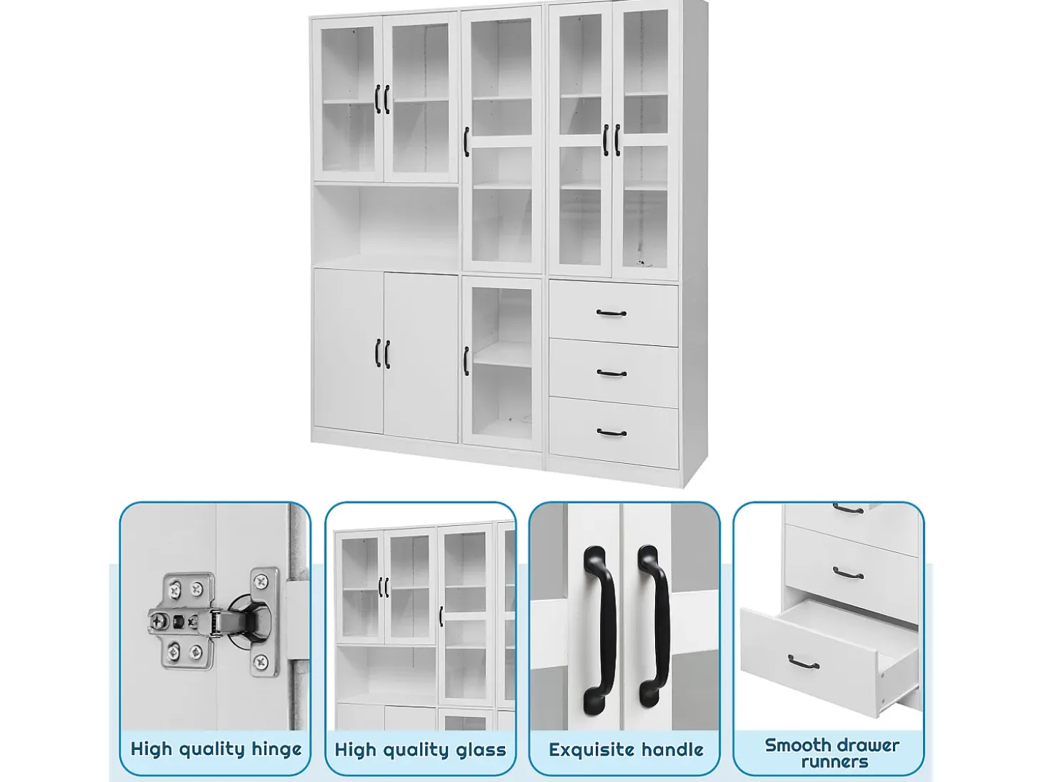 Vitrina de diseño moderno blanca de 200 cm con 8 puertas y 3 cajones e iluminación LED para salón.