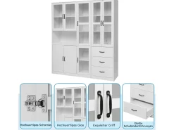 Vitrina de diseño moderno blanca de 200 cm con 8 puertas y 3 cajones e iluminación LED para salón.