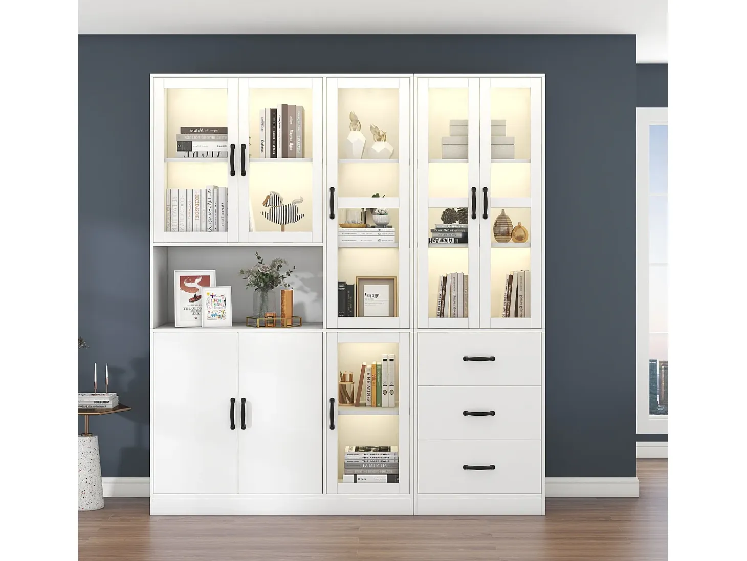 Vitrina de diseño moderno blanca de 200 cm con 8 puertas y 3 cajones e iluminación LED para salón.
