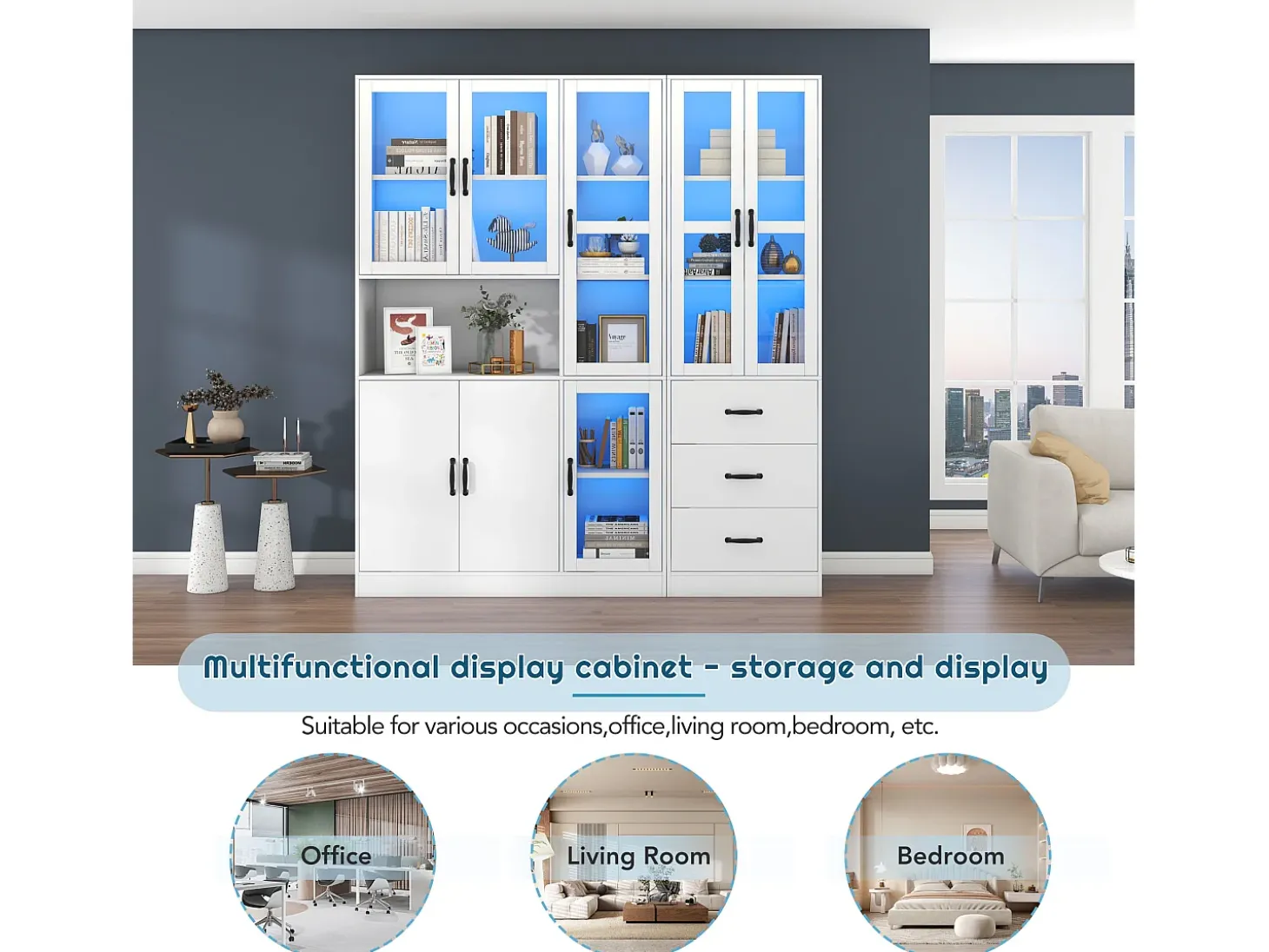 Vitrina de diseño moderno blanca de 200 cm con 8 puertas y 3 cajones e iluminación LED para salón.