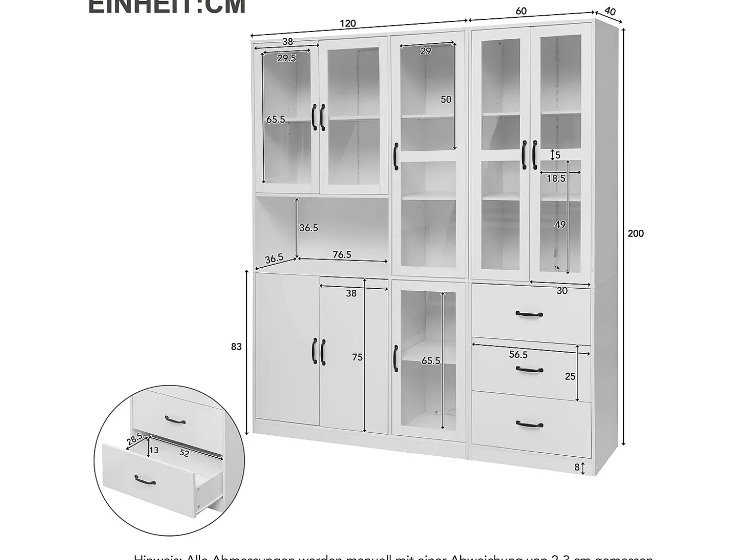 Vitrina de diseño moderno blanca de 200 cm con 8 puertas y 3 cajones e iluminación LED para salón.
