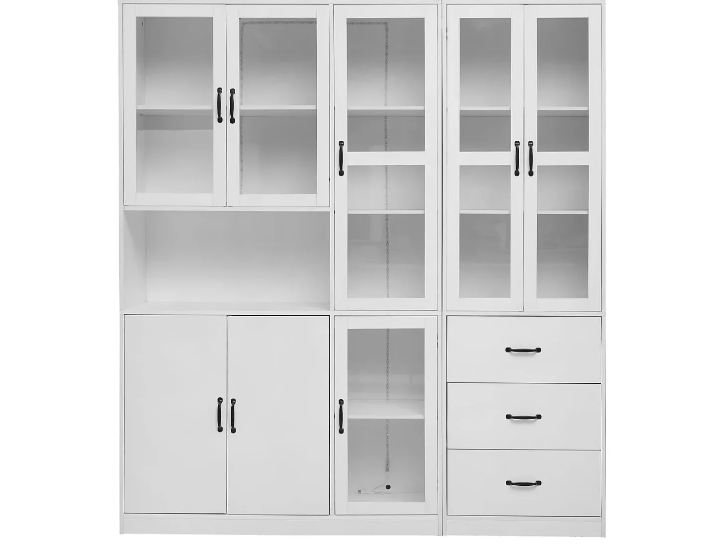 Vitrina de diseño moderno blanca de 200 cm con 8 puertas y 3 cajones e iluminación LED para salón.