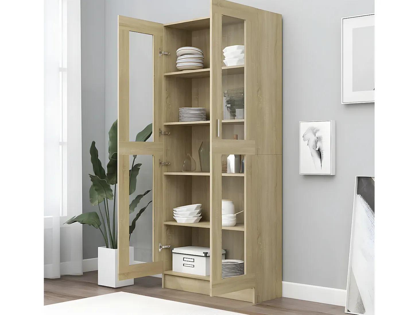Vitrina de madera contrachapada color roble 82,5x30,5x185,5 cm