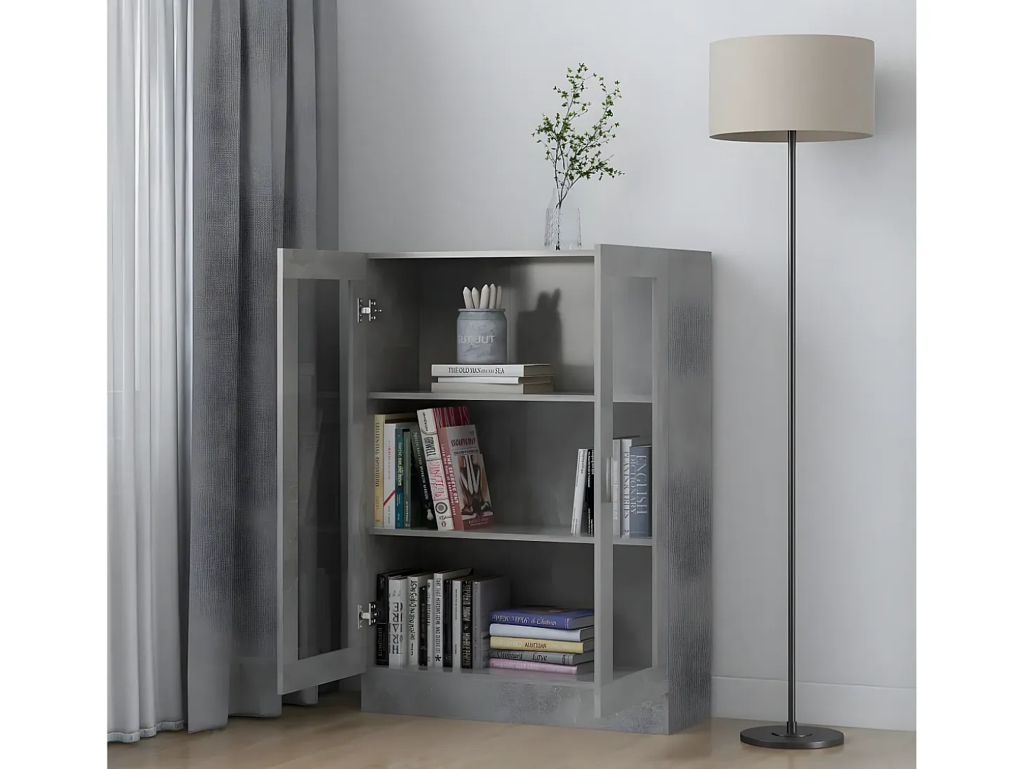 Vitrina de madera contrachapada gris hormigón 82,5x30,5x115 cm