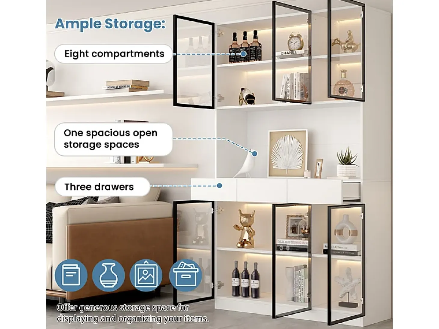 Vitrina de Pared - 12 Puertas Cristal + 6 Cajones - con LED RGB - Panel Partículas 240x36x200cm