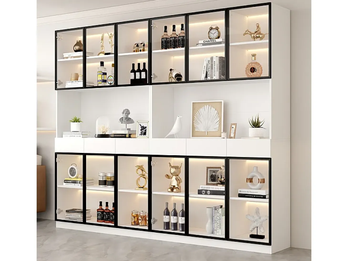 Vitrina de Pared - 12 Puertas Cristal + 6 Cajones - con LED RGB - Panel Partículas 240x36x200cm