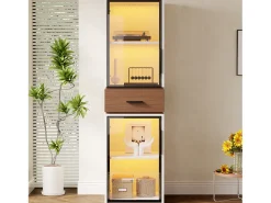 Vitrina de vidrio 40x40x200 cm - con iluminación LED - 2 puertas de vidrio y 1 cajón - MDF+vidrio - Blanco