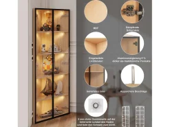 Vitrina esquinera con puerta - 62 x 35 x 160 cm - con LED y vidrio templado - MDF - luz natural