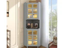 Vitrina esquinera lacada - 63,5 x 45 x 157,5 cm - con LEDs + 2 puertas + estante - MDF - gris