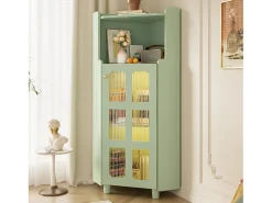 Vitrina esquinera verde con iluminación LED y 2 puertas de cristal - Madera MDF