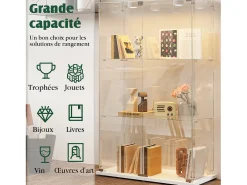 Vitrina exenta de cristal blanco con iluminación LED activada por toque, 3 estantes y 2 puertas.