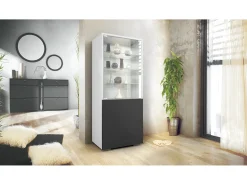 Vitrina Granada, Armario Vitrina Made in Germany con Puerta de Cristal e Inserto de Cristal, blanco mate/negro mate (50 x 122,5 x 34,5 cm)