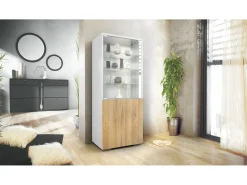 Vitrina Granada, Armario Vitrina Made in Germany con Puerta de Cristal e Inserto de Cristal, blanco mate/roble natural (50 x 122,5 x 34,5 cm)