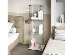 Vitrina individual de 3 niveles, parte trasera negra y acabado transparente