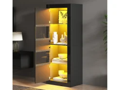 Vitrina lacada brillante 61x42x162 cm - con iluminación LED - 2 puertas - Estantes de vidrio ajustables - Negro