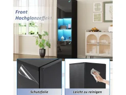 Vitrina lacada en negro con iluminación LED, 1 estante de cristal, MDF, blanco y negro, (45x35x160 cm)