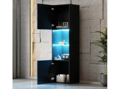 Vitrina lacada en negro con iluminación LED, 1 estante de cristal, MDF, blanco y negro, (45x35x160 cm)
