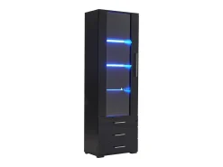 Vitrina lacada en negro con puertas de cristal, estante LED, 3 cajones, 60x35x180 cm