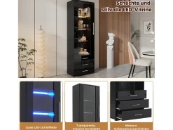 Vitrina lacada en negro con puertas de cristal, estante LED, 3 cajones, 60x35x180 cm