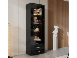 Vitrina lacada en negro con puertas de cristal, estante LED, 3 cajones, 60x35x180 cm