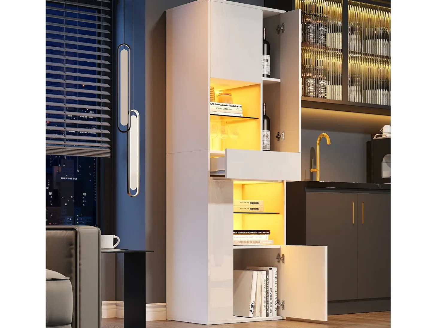 Vitrina LED con 1 cajón de almacenamiento, 4 puertas y estantes de cristal - blanca