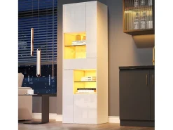 Vitrina LED con 1 cajón de almacenamiento, 4 puertas y estantes de cristal - blanca