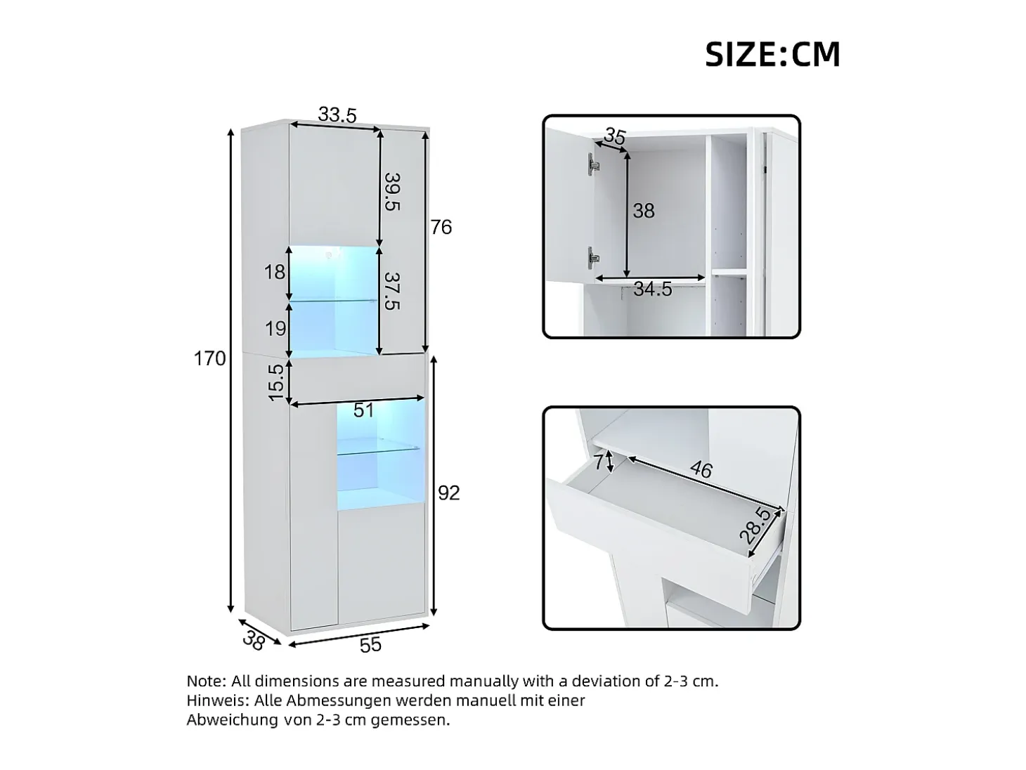 Vitrina LED con 1 cajón de almacenamiento, 4 puertas y estantes de cristal - blanca