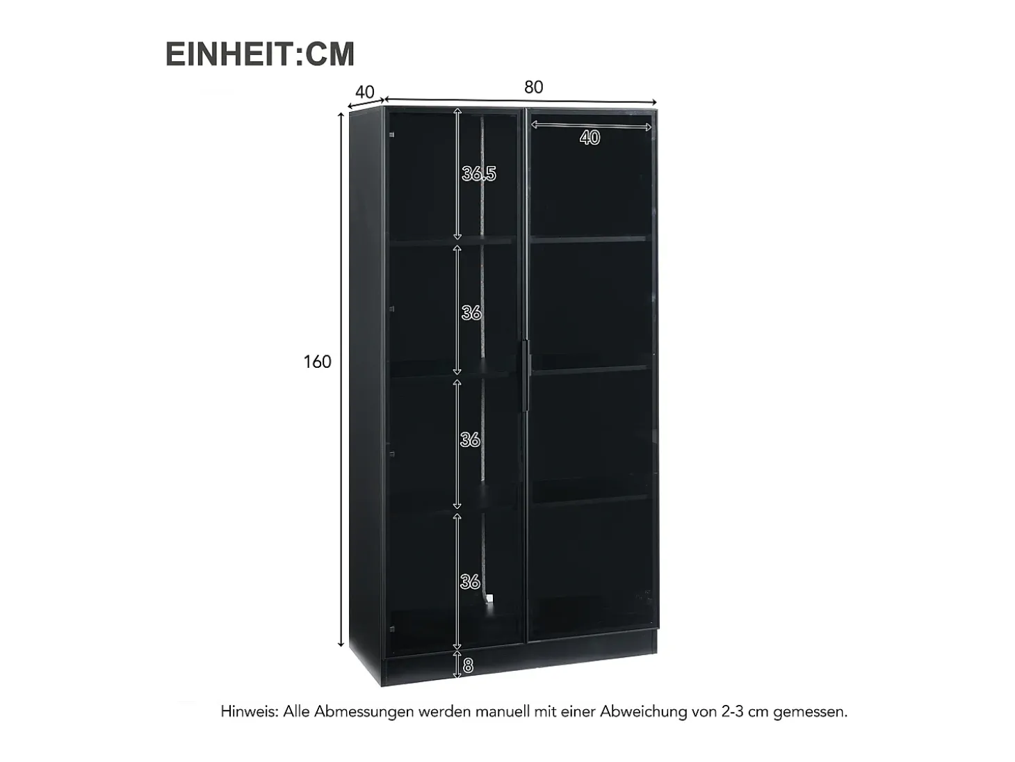 Vitrina LED de 16 colores, 80 x 40 x 160 cm, con dos puertas de cristal y estantes ajustables, color negro - para salones y oficinas
