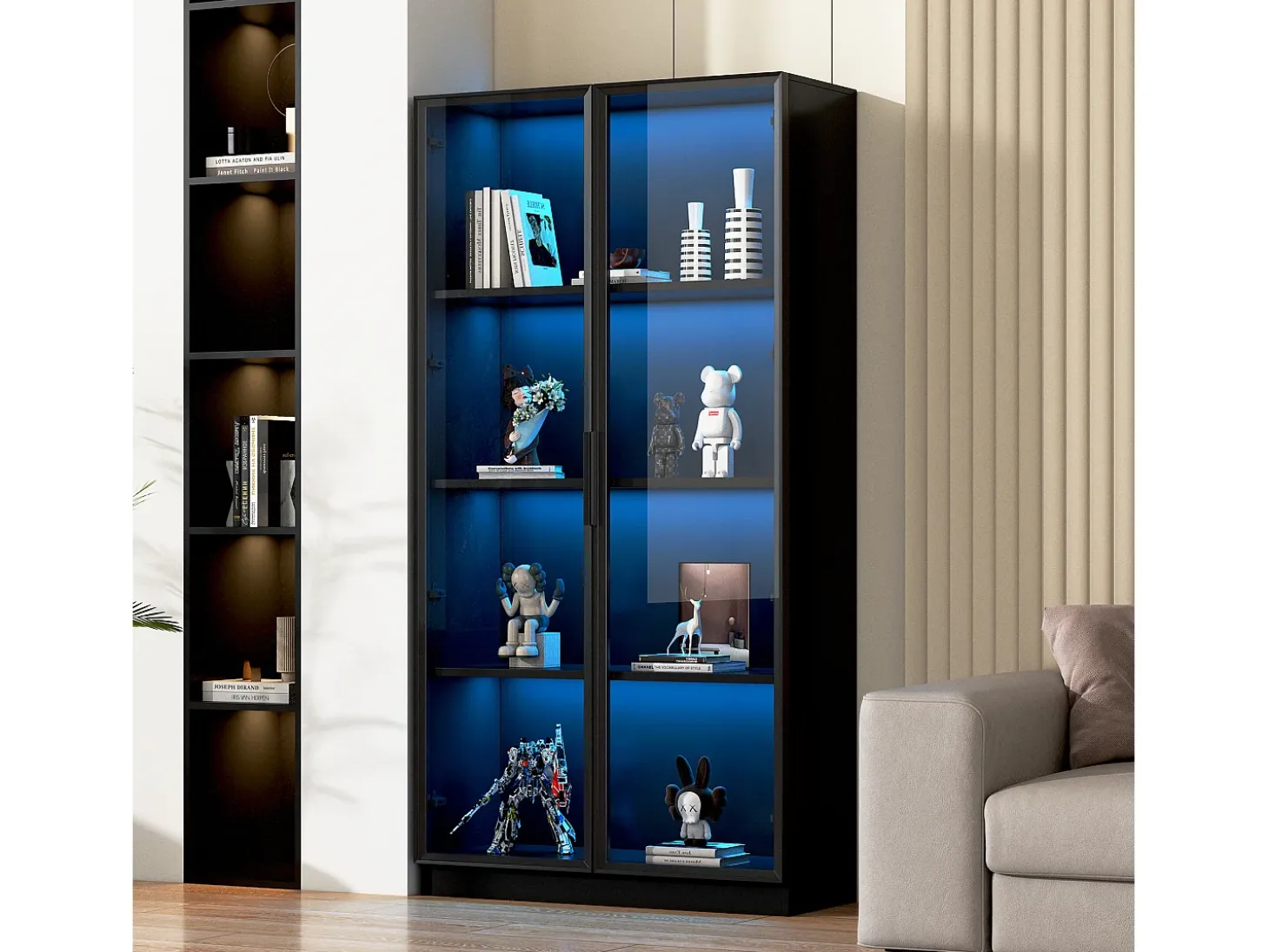 Vitrina LED de 16 colores, 80 x 40 x 160 cm, con dos puertas de cristal y estantes ajustables, color negro - para salones y oficinas