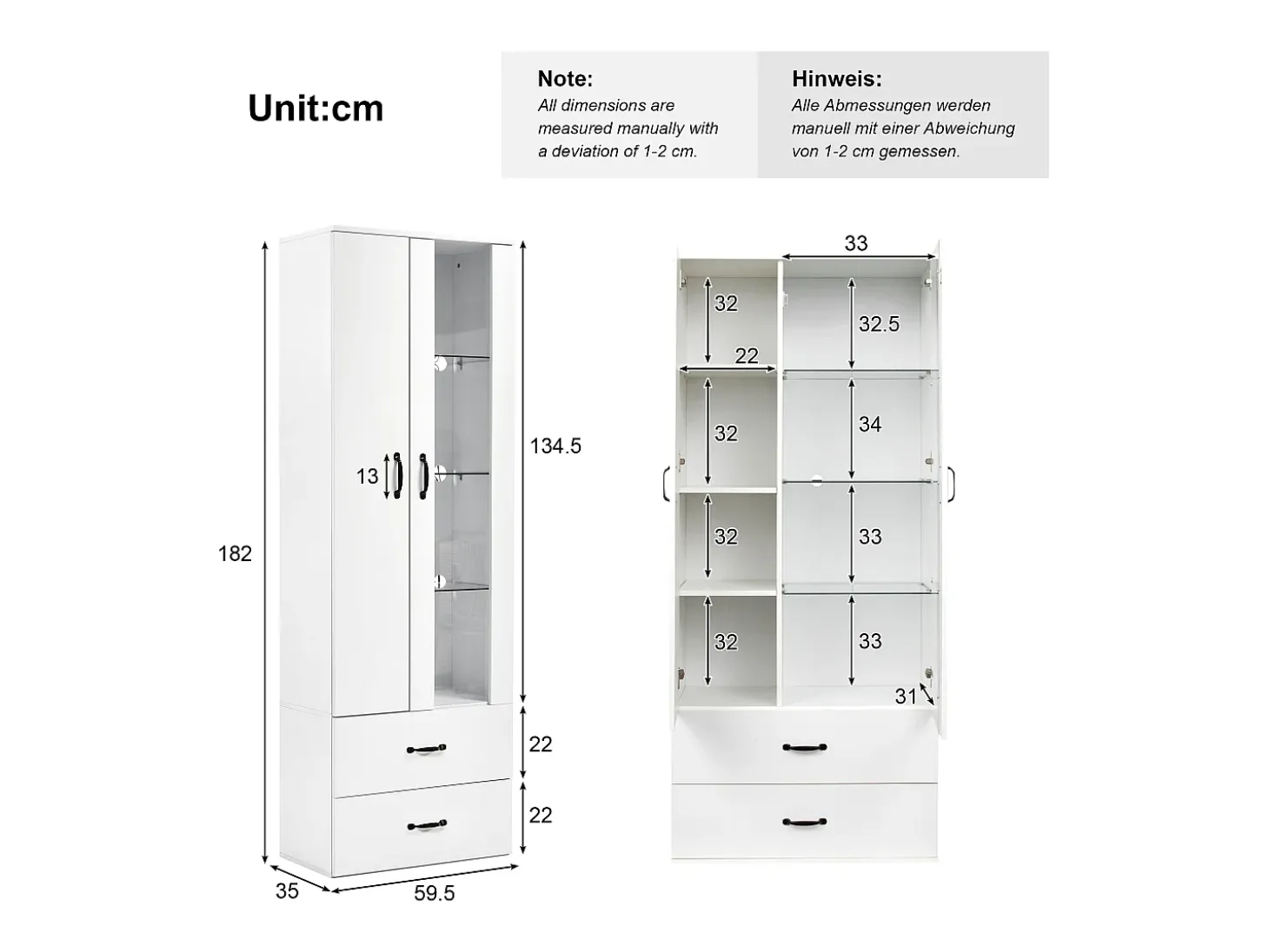 Vitrina LED de 16 colores, diseño moderno, aglomerado, color blanco (59,5x35x182 cm)