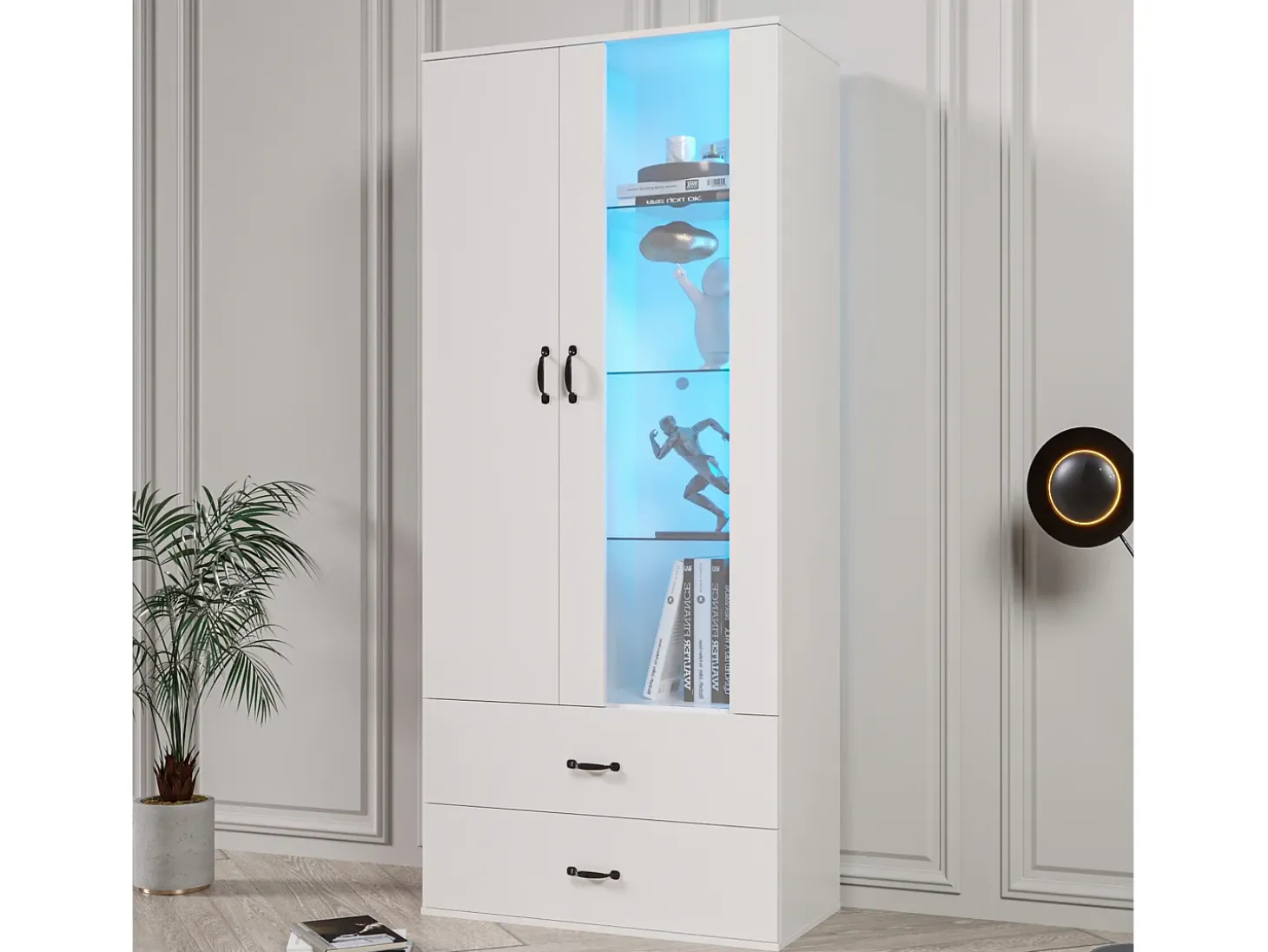 Vitrina LED de 16 colores, diseño moderno, aglomerado, color blanco (59,5x35x182 cm)