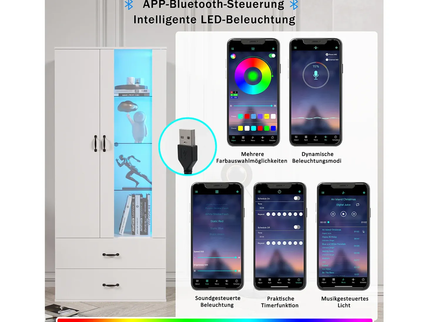 Vitrina LED de 16 colores, diseño moderno, aglomerado, color blanco (59,5x35x182 cm)