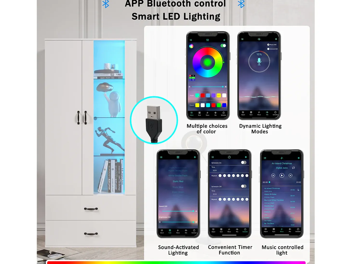 Vitrina LED de 16 colores, diseño moderno, aglomerado, color blanco (59,5x35x182 cm)