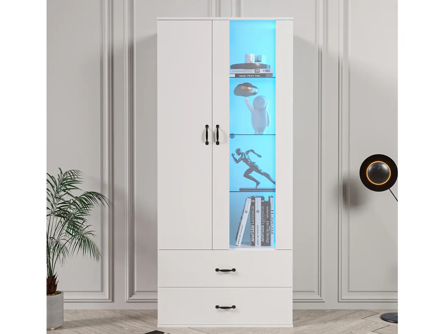 Vitrina LED de 16 colores, diseño moderno, aglomerado, color blanco (59,5x35x182 cm)