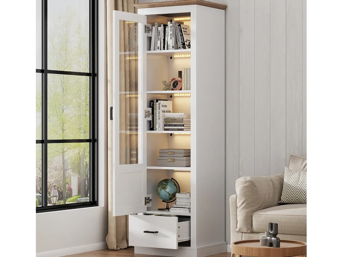 Vitrina LED moderna 50x35x178 cm - con iluminación LED - 1 cajón - 1 puerta de cristal - 5 compartimentos - blanco