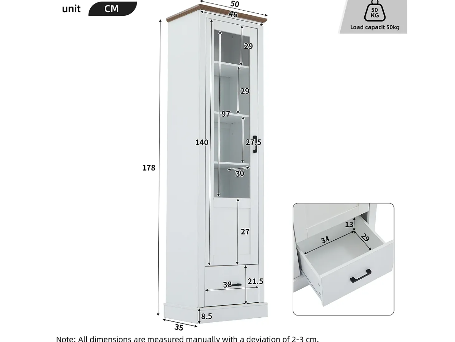 Vitrina LED moderna 50x35x178 cm - con iluminación LED - 1 cajón - 1 puerta de cristal - 5 compartimentos - blanco