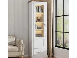Vitrina LED moderna 50x35x178 cm - con iluminación LED - 1 cajón - 1 puerta de cristal - 5 compartimentos - blanco