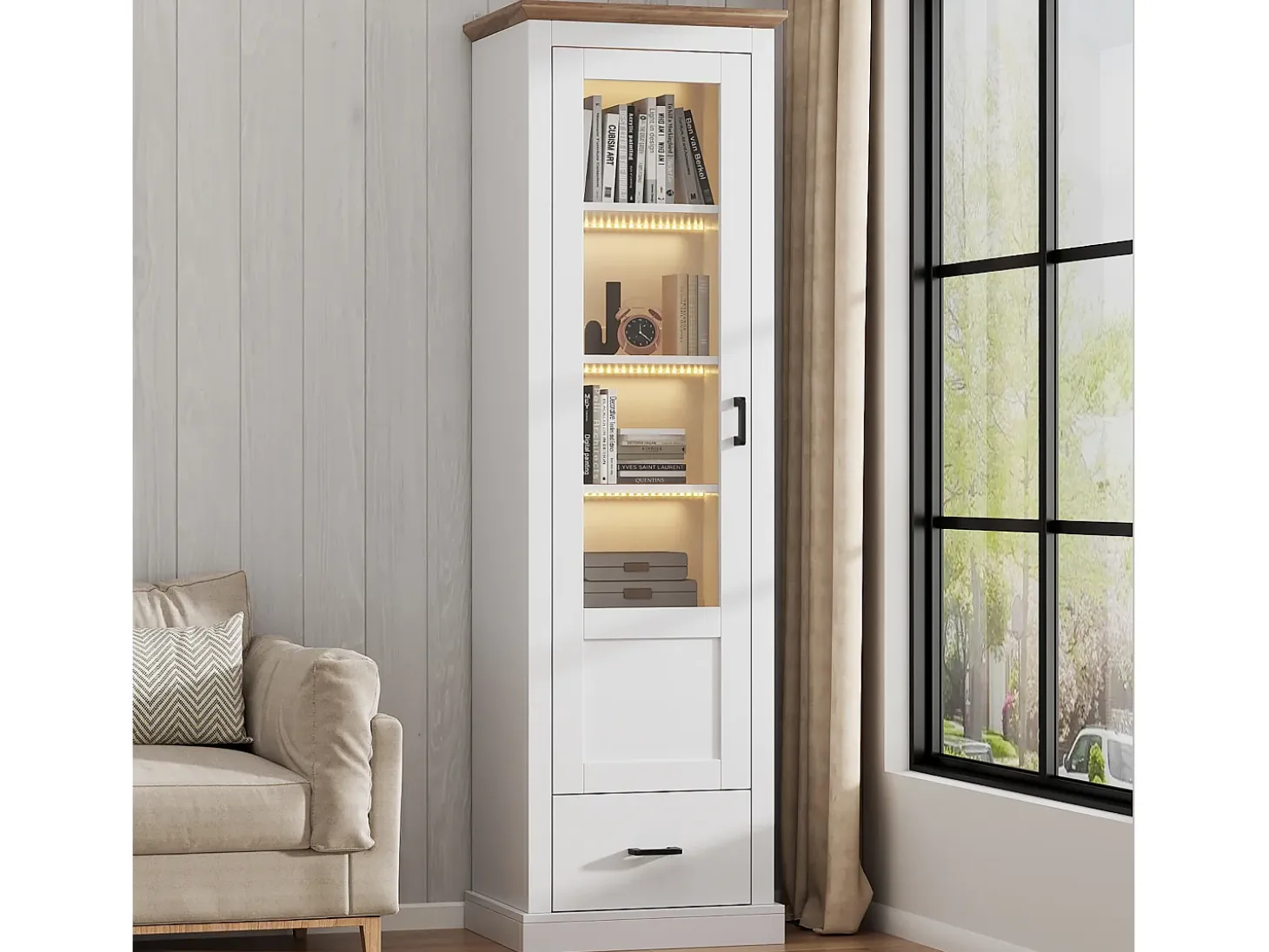 Vitrina LED moderna 50x35x178 cm - con iluminación LED - 1 cajón - 1 puerta de cristal - 5 compartimentos - blanco
